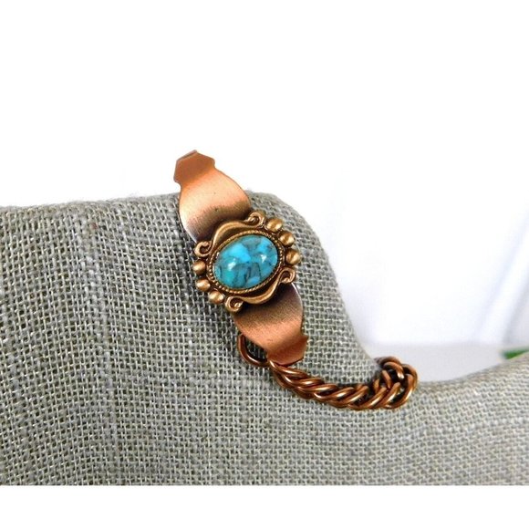 Copper Color Womens Bracelet Curved Center Faux Turquoise Bead 7 - 7 1/8 Inches - Picture 2 of 9